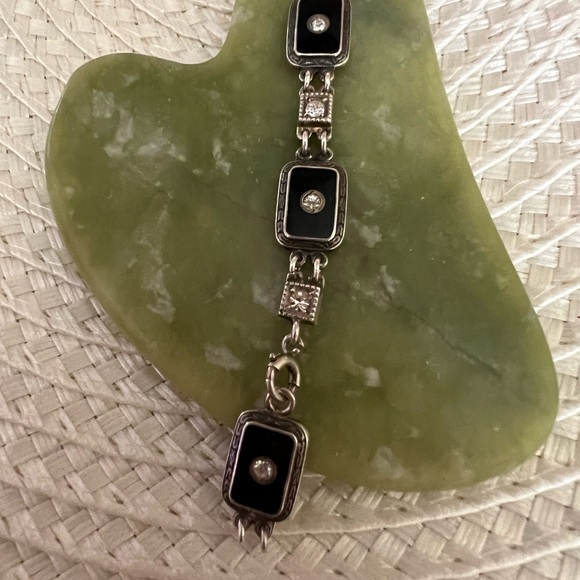 Antique Art Deco Black Onyx Clear Diamond Paste Sterling Silver Link Bracelet - Picture 2 of 8